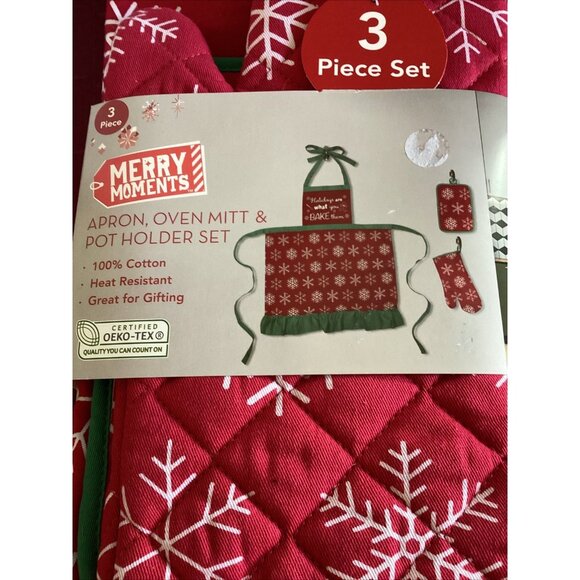Christmas Snowflake Kitchen Apron 3-pc Set Snowflakes Holiday Baking New - Picture 2 of 7